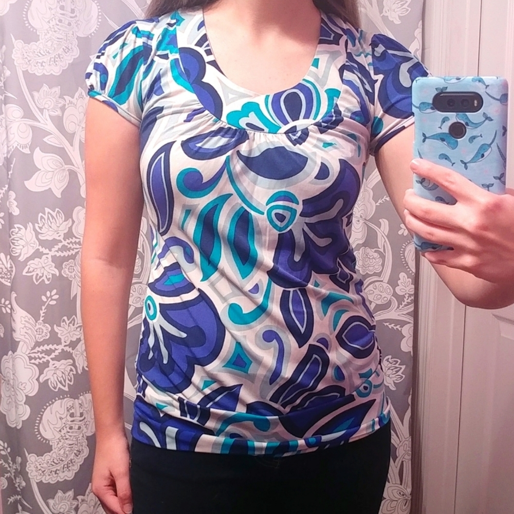 VOLUME ONE Size M Blue Retro Patterned Blouse